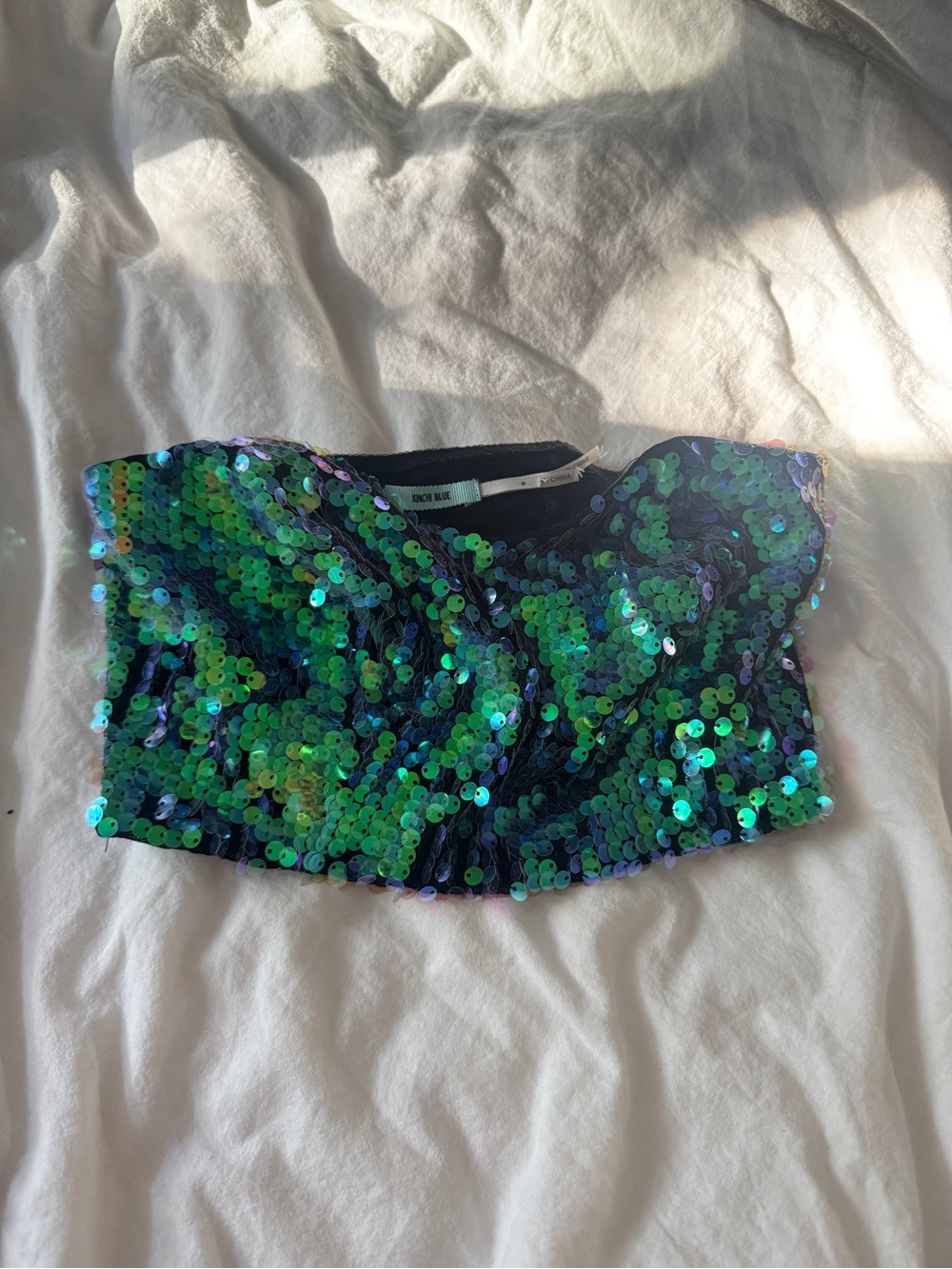 Urban outfitters Kimchi Blue Iridescent Green-Blue Sequin bandana bra top crop